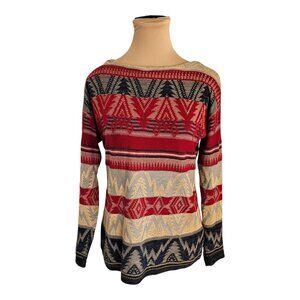 Lauren Ralph Lauren Red Grey Black Tan Patterned Knit Long Sleeve Sz XS